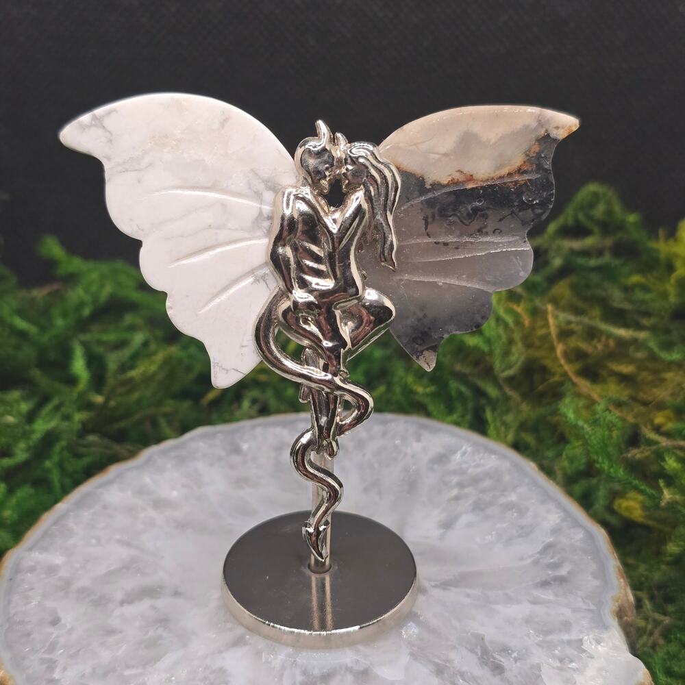 Howlite Dendritic Agate Fairy Devil 3" Crystal Wings Good Evil Figurine